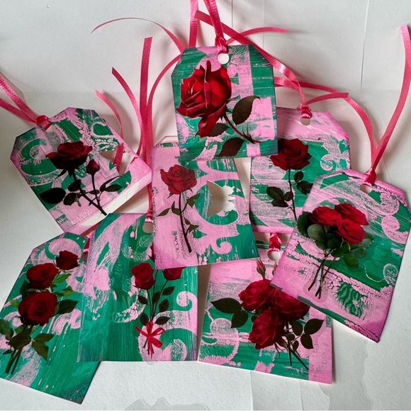 Hand Crafted Other - 10pink and teal rose mini hang tags
